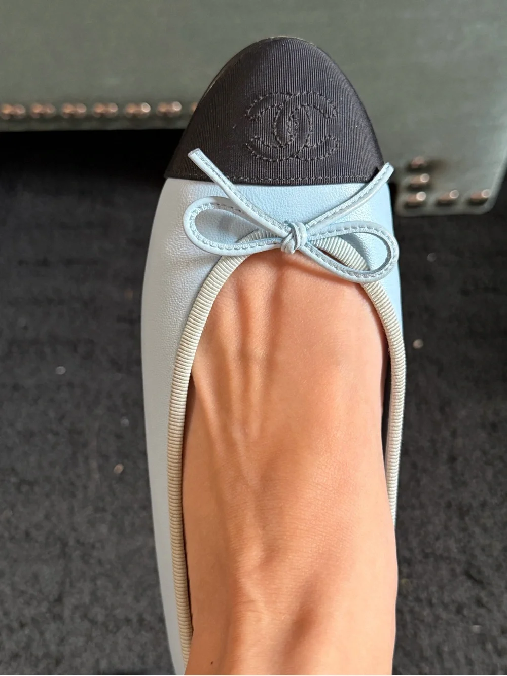 Chanel Two Tone Leather Ballet Flats Light Blue Black CC Bow Shoes 36.5